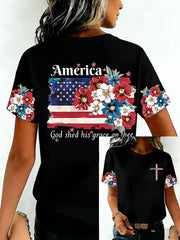 Women's Independence Day USA Flag Print Tee