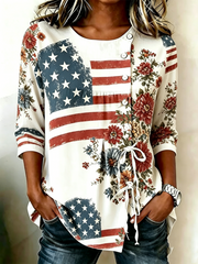 Women's USA Printed Cotton-Linen Button-Front Top with Ties