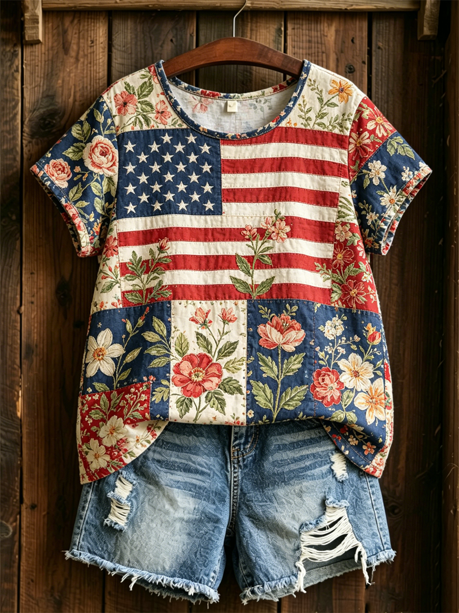 Women's USA Printed linen short-sleeved T-shirt