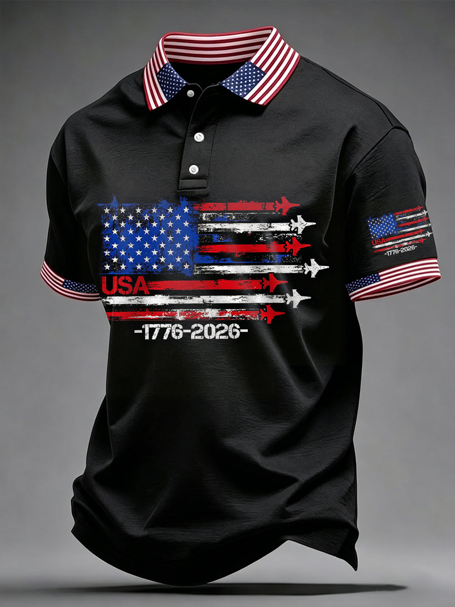 Men's Independence Day USA Flag Jet Print Casual Patriotic Polo
