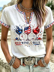 Women's Independence Day Red Wine Blue Print V-Neck Tee