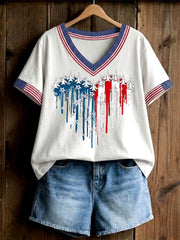 Women's Independence Day USA Flag Jet Heart Print Casual V-Neck Tee