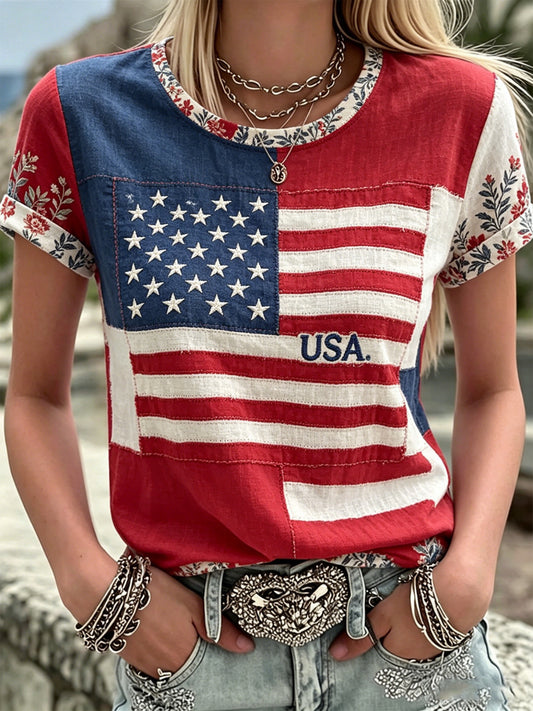 Women's America Floral Print Casual T-Shirt
