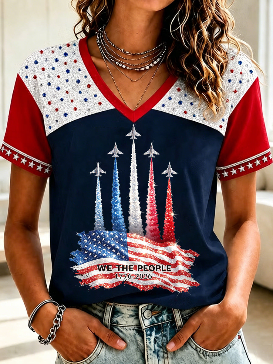 Women's Independence Day USA Flag Jet Print Casual V-Neck Patriotic Tee