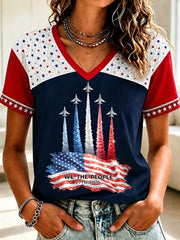 Women's Independence Day USA Flag Jet Print Casual V-Neck Patriotic Tee