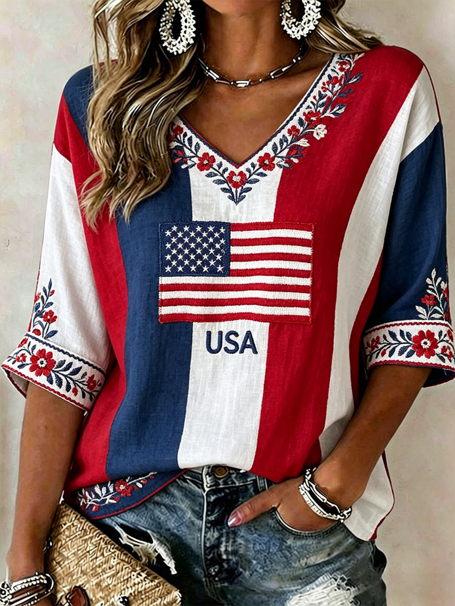 Women's America Floral Print Casual T-shirt