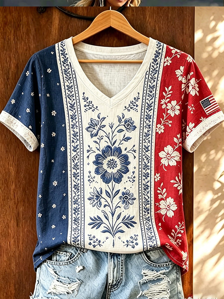 Women's Independence Day American Flag Floral Art Casual V-neck Short Sleeve Top