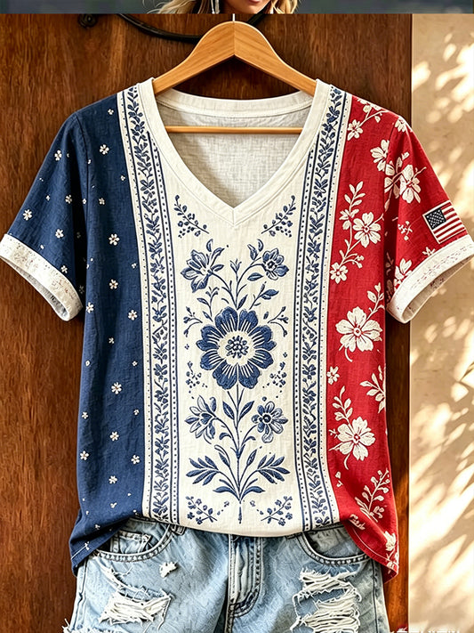 Women's Independence Day American Flag Floral Art Casual V-neck Short Sleeve Top