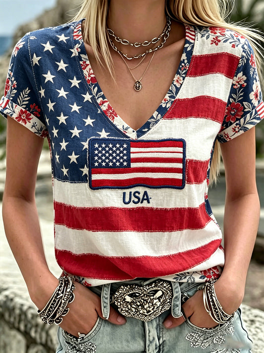Women's America Floral Print V-Neck Casual T-Shirt