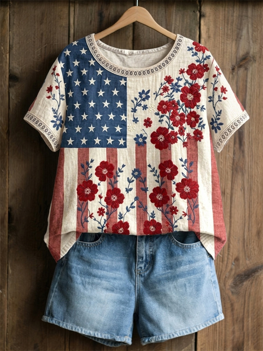 Women's Independence Day Flag & Floral Pattern Casual Short Sleeves Top