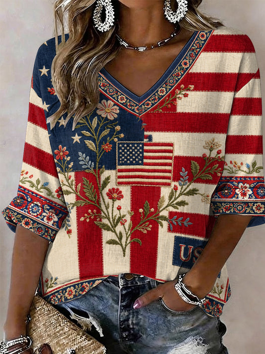 Women's America Floral Print Casual T-shirt