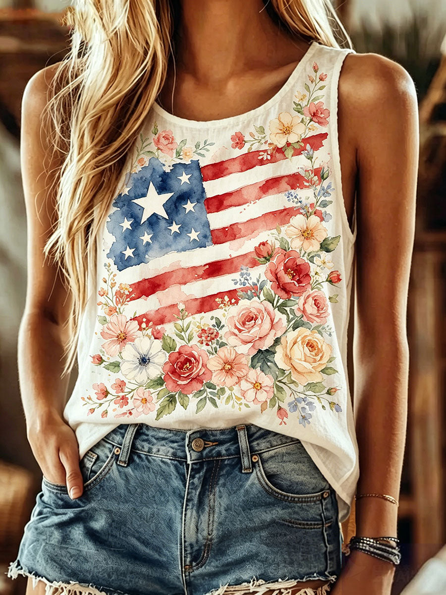 Women's American Flag Floral Print Casual Vest