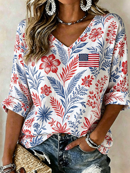 Women's America Floral Print Casual T-shirt