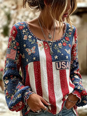Women's American Flag Flowers Cotton-Linen Shirt