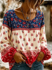 Women's American  Flowers Cotton-Linen Shirt