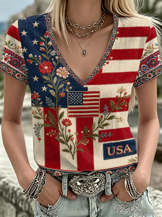 Women's America Floral Print V-Neck Casual T-Shirt