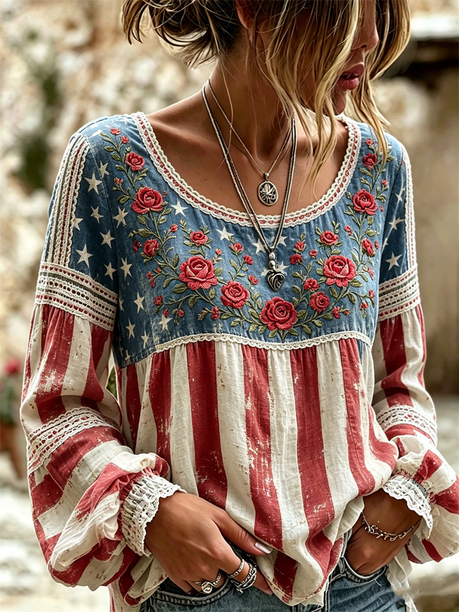 Women's Vintage Roses American Flag Boho Print Cotton-Linen Shirt