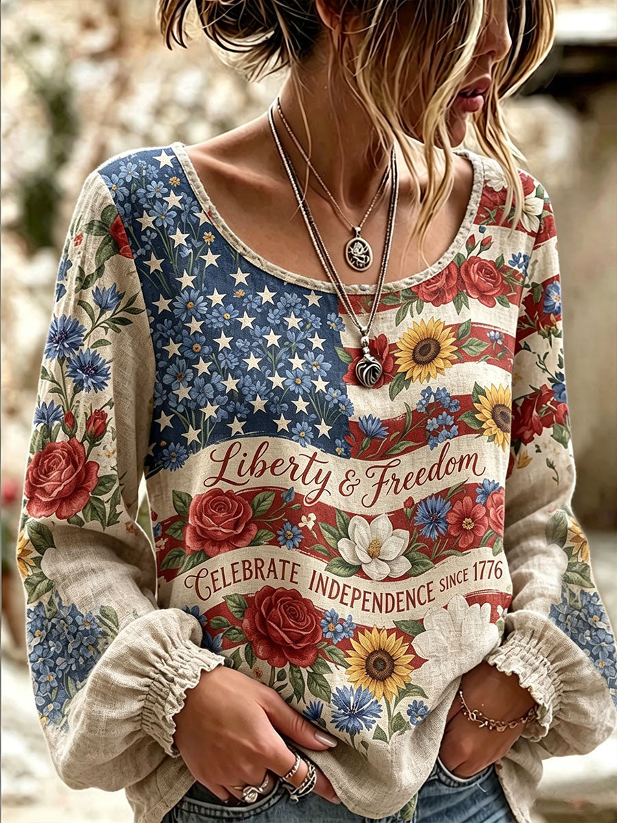 Women's Independence Day Flag & Floral Pattern Casual Long-sleeve Top