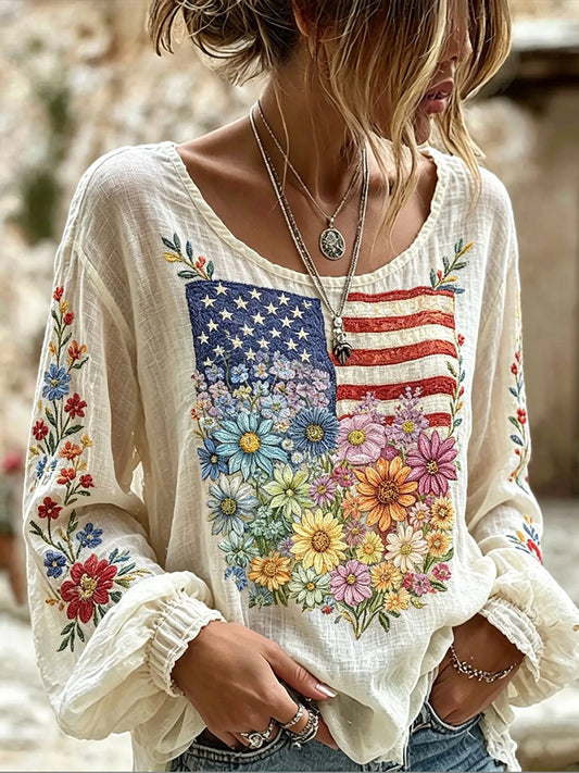 Women's Independence Day Flag & Floral Pattern Casual Cotton-Linen Shirt
