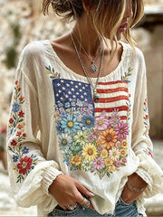 Women's Independence Day Flag & Floral Pattern Casual Cotton-Linen Shirt