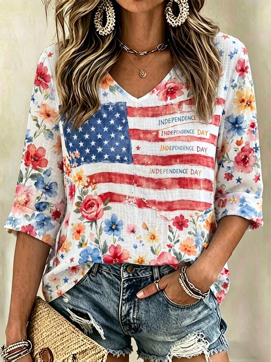 Women's Independence Day Flag & Floral Pattern Casual Cotton-Linen Shirt