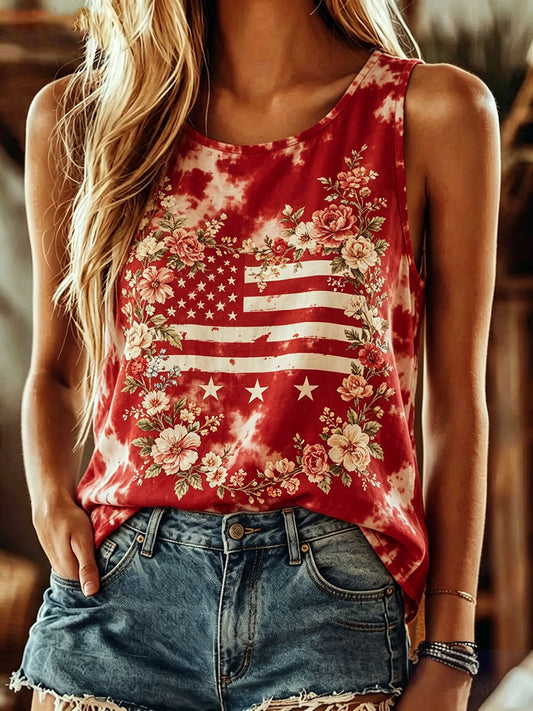 Women's American Flag Floral Print Casual Vest