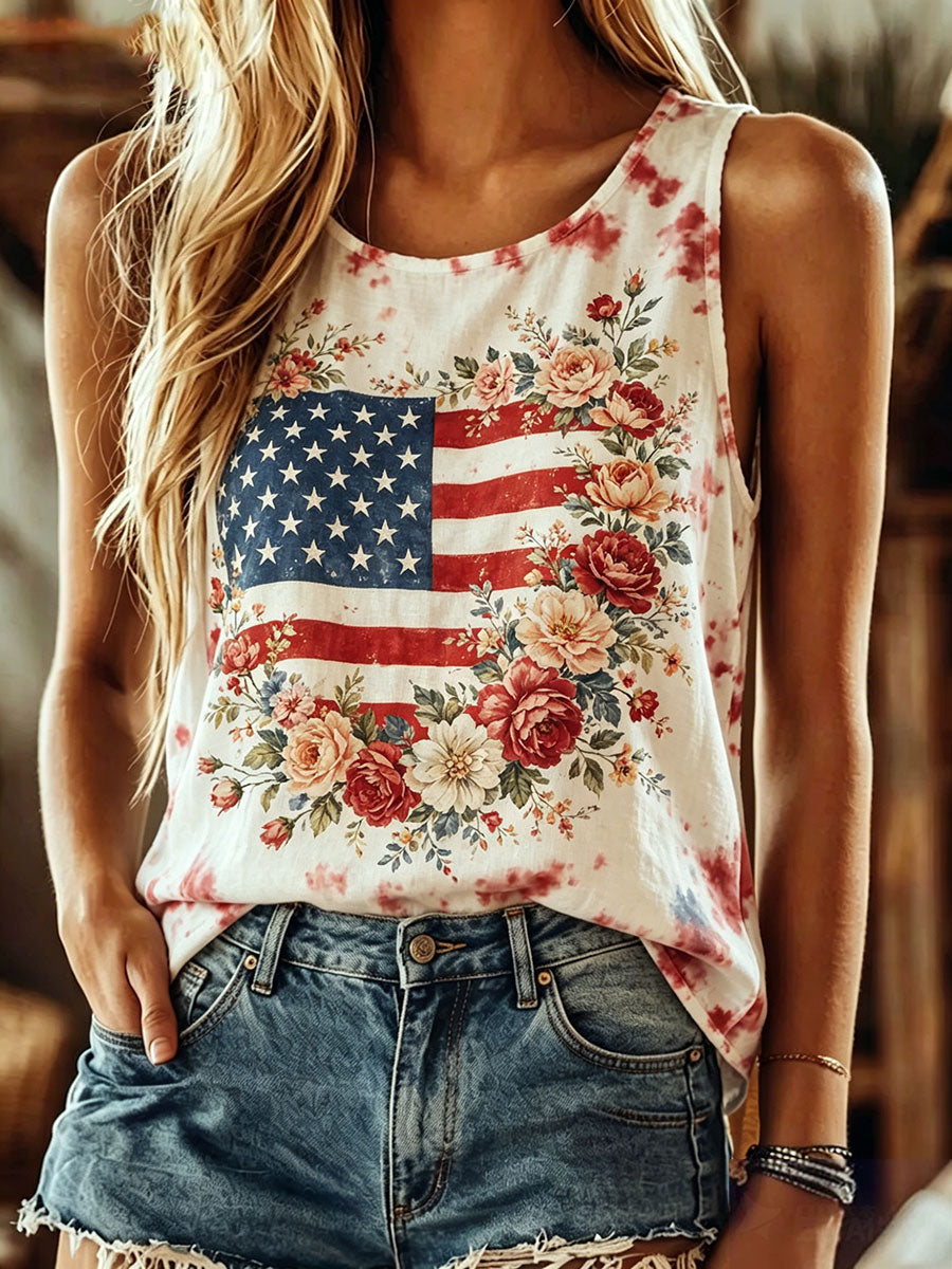 Women's American Flag Floral Print Casual Vest