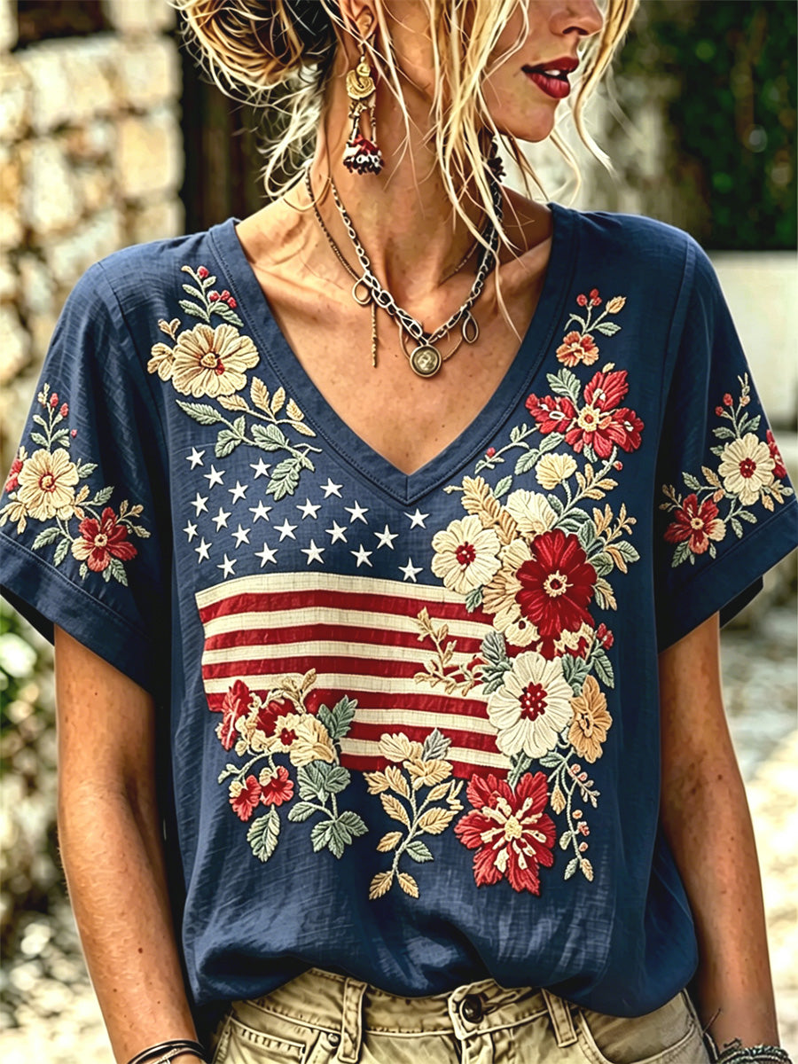 Women's Independence Day Floral USA Flag Print V-Neck Tee