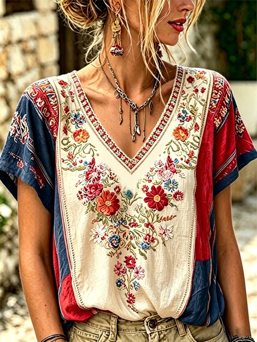 Women's Independence Day Floral Print V-Neck Tee