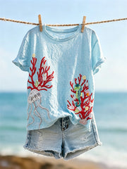 Women's Underwater Coral Jellyfish & Seahorse Print short-sleeved T-shirt