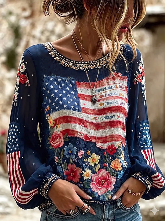 Women's Independence Day Flag & Floral Pattern Casual Cotton-Linen Shirt