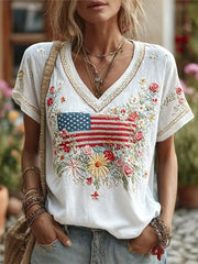 Women's America Floral Print V-Neck Casual T-Shirt