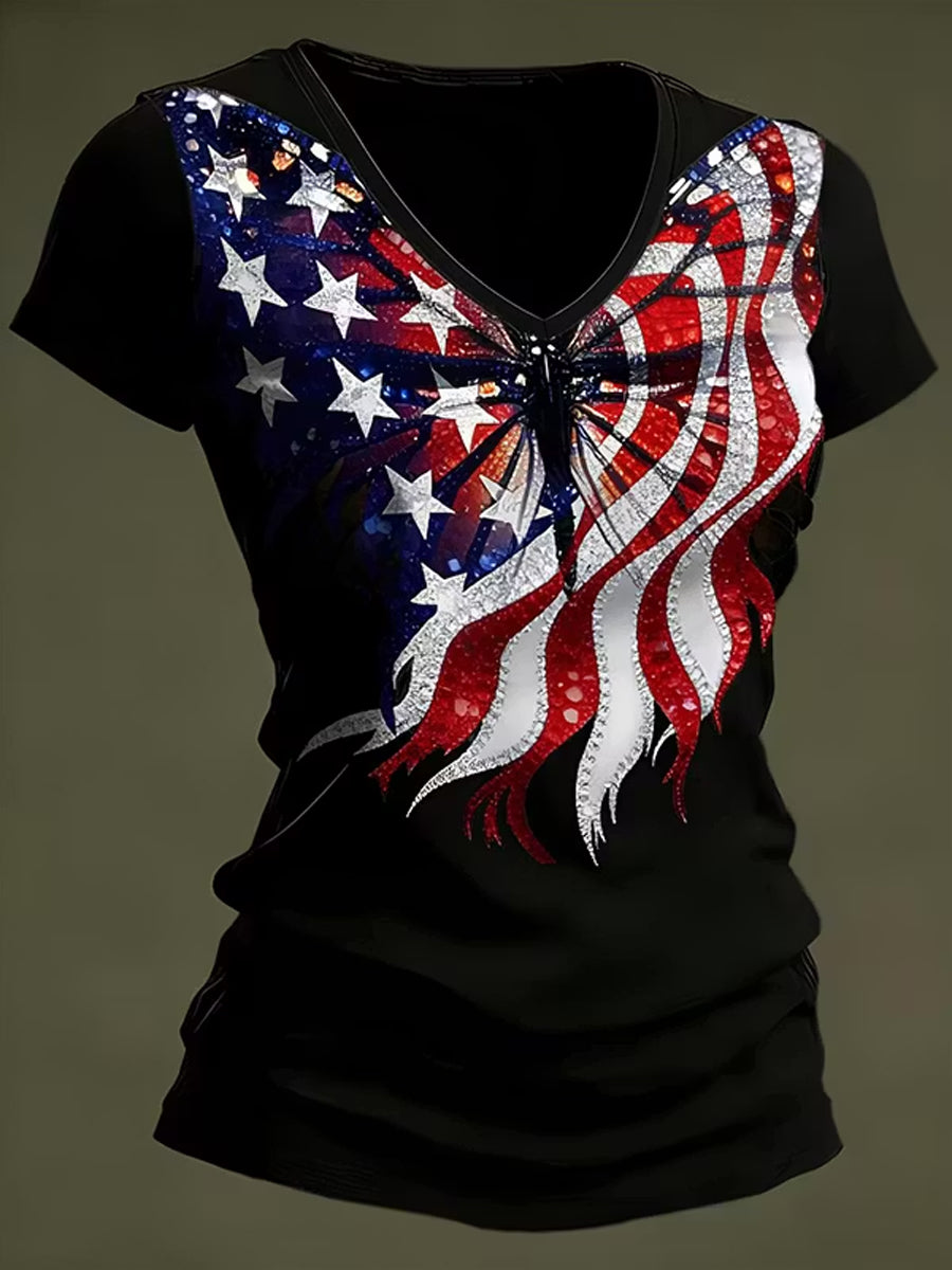 Women's America Floral Printed V-neck T-shirt