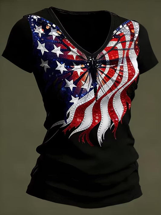 Women's America Floral Printed V-neck T-shirt