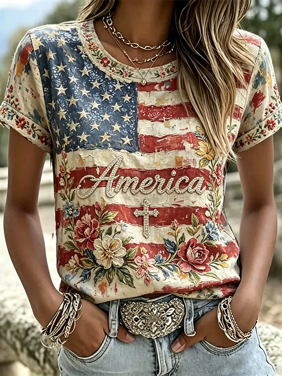 Women's Independence Day Flag & Floral Pattern Casual Short Sleeves Top