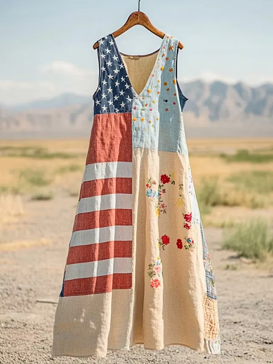 Women's America Floral Print V-Neck Dress with pockets