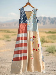 Women's America Floral Print V-Neck Dress with pockets