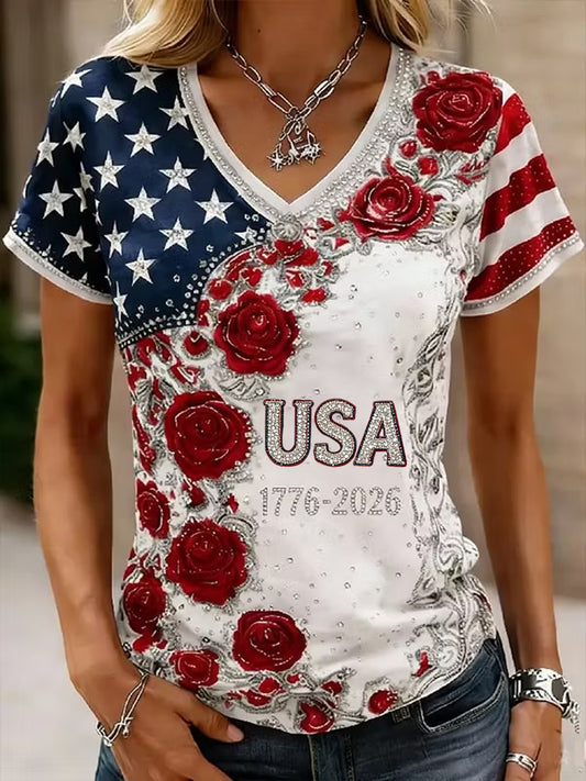 Women's America Floral Printed V-neck T-shirt