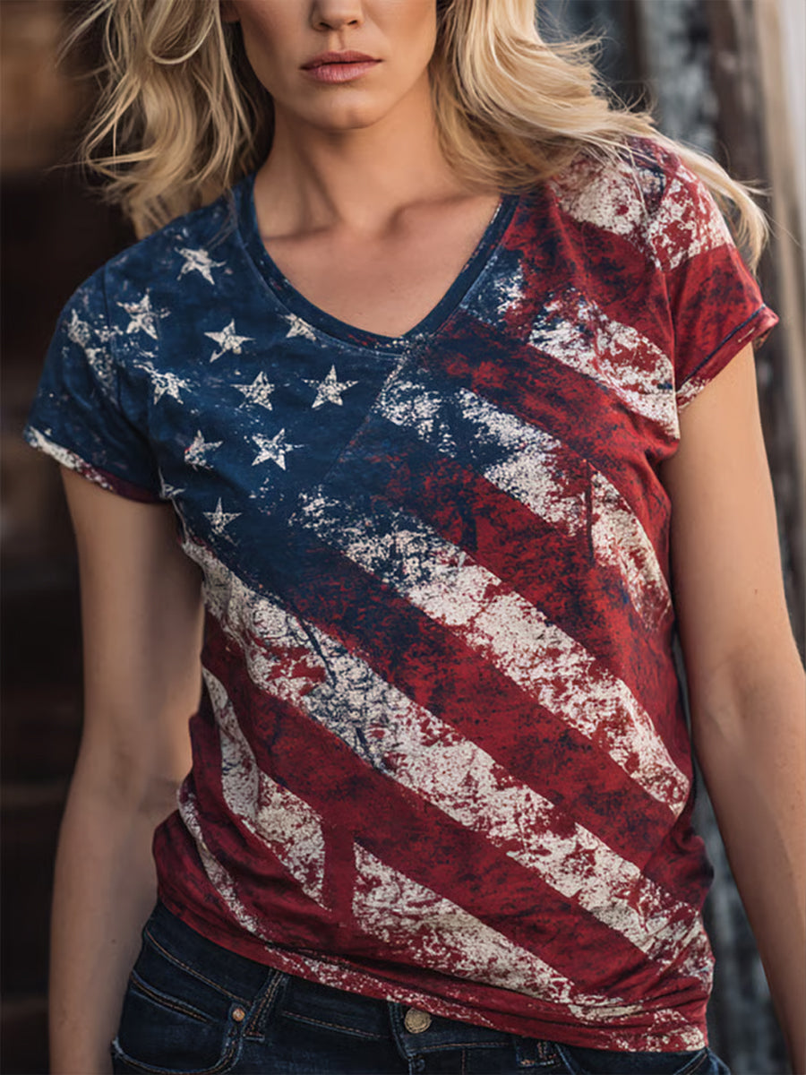Women's America Printed V-neck T-shirt
