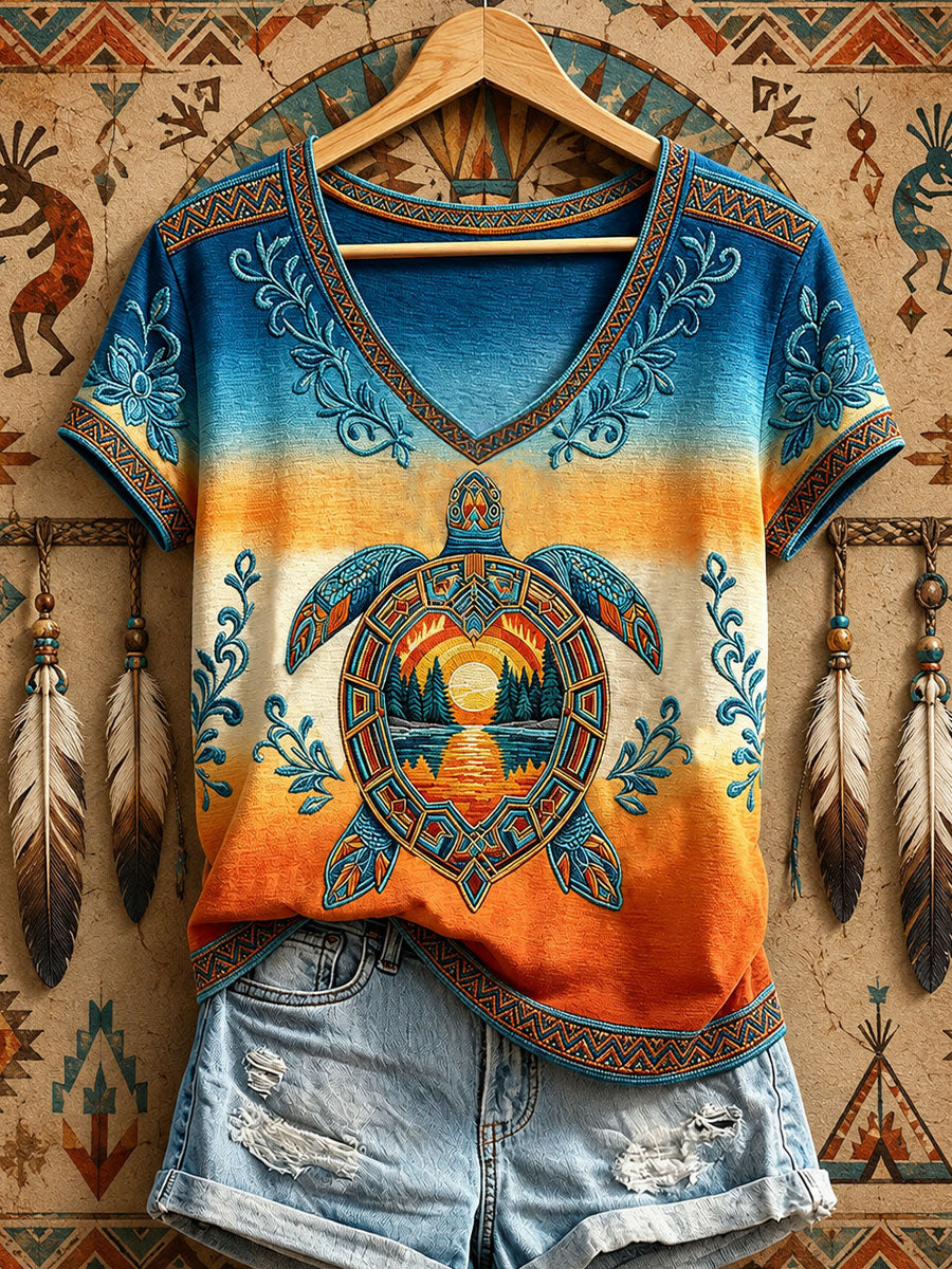 Women's Indigenous Sea Turtle Art V-Neck T-Shirts