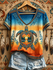 Women's Indigenous Sea Turtle Art V-Neck T-Shirts
