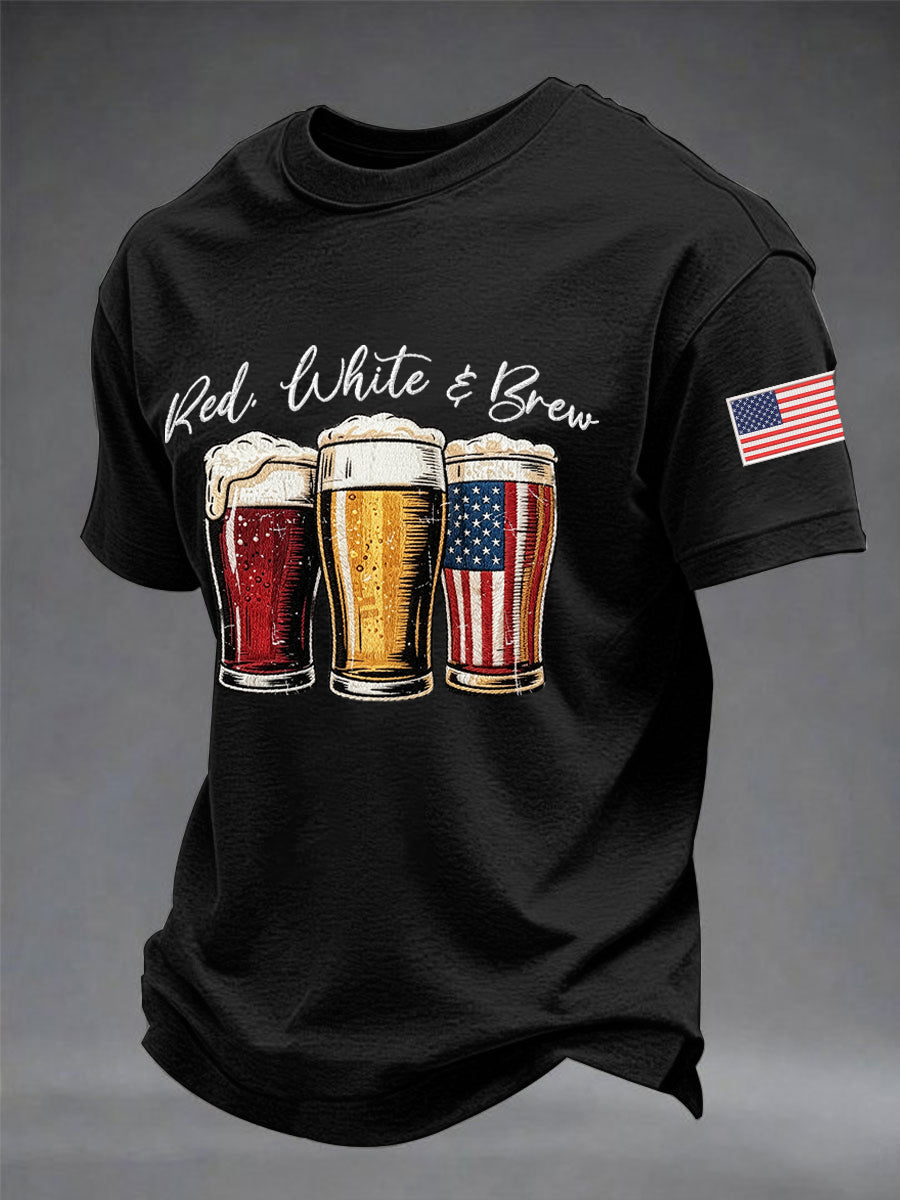 Men's Funny 4th Of July Red White & Brew Print Casual Tee
