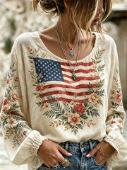 Women's America Floral Print Cotton-Linen Shirt