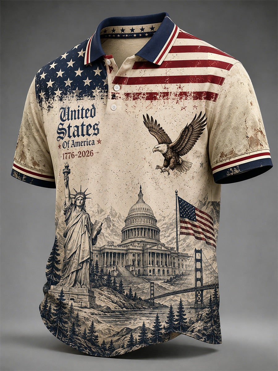 Men's Independence Day United States Of America Print Casual Polo