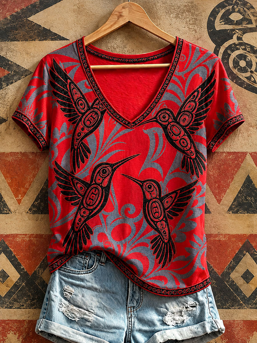 Women's Indigenous Hummingbird Art V-Neck T-Shirts