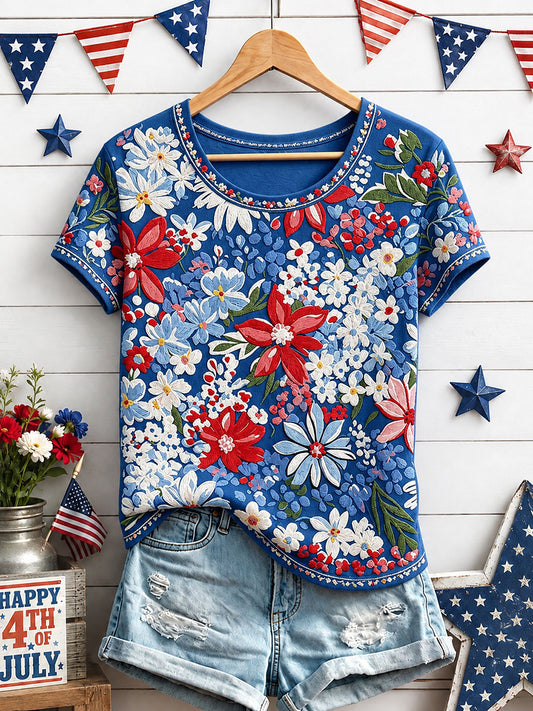 Women's Independence Day Floral Art Print Casual T-Shirt
