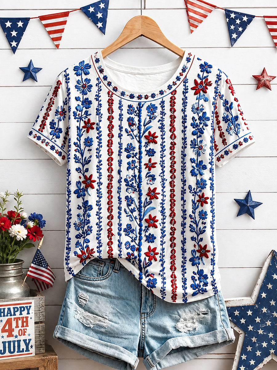 Women's Independence Day Floral Art Print Casual T-Shirt