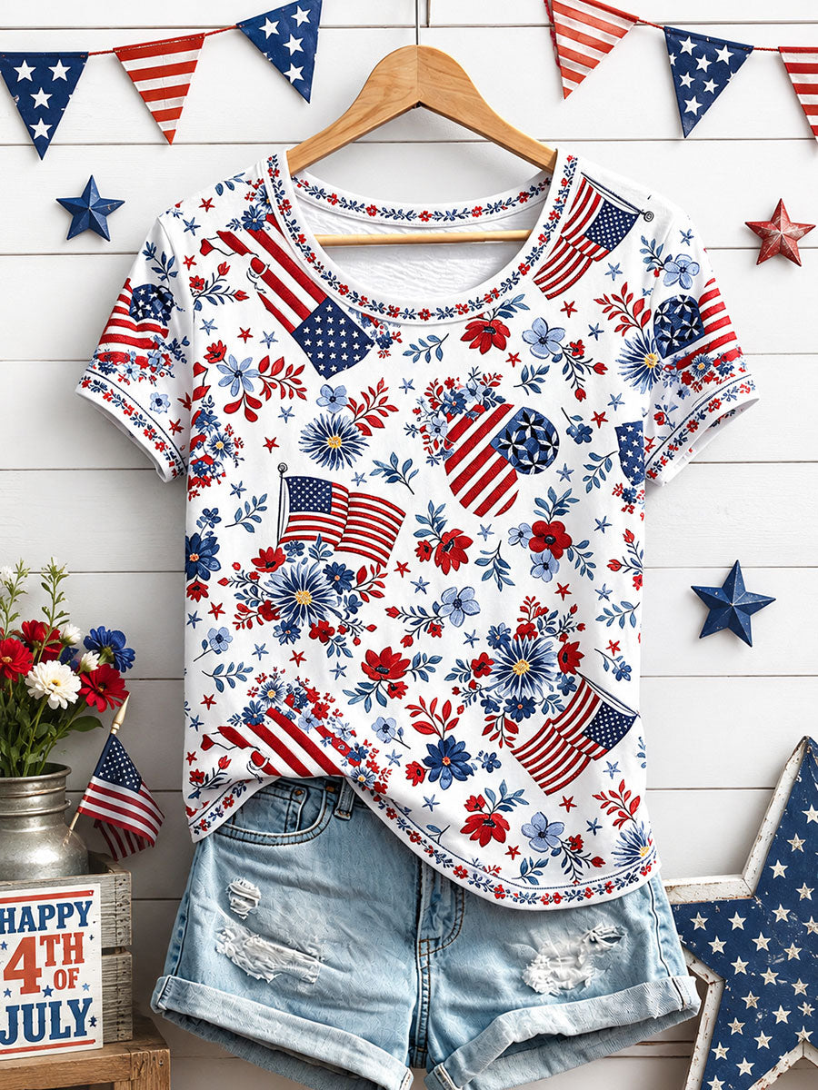 Women's Independence Day Floral Art Print Casual T-Shirt