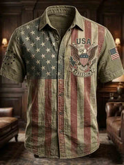 Men's Vintage Independence Day American Flag Print Short Sleeve Shirt