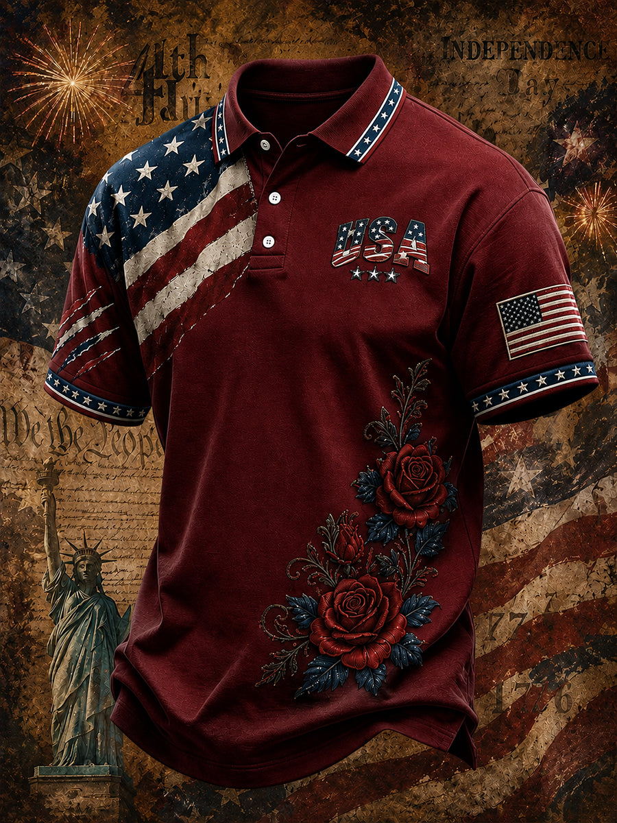 Men's Vintage Independence Day American Flag Art Print Casual Top